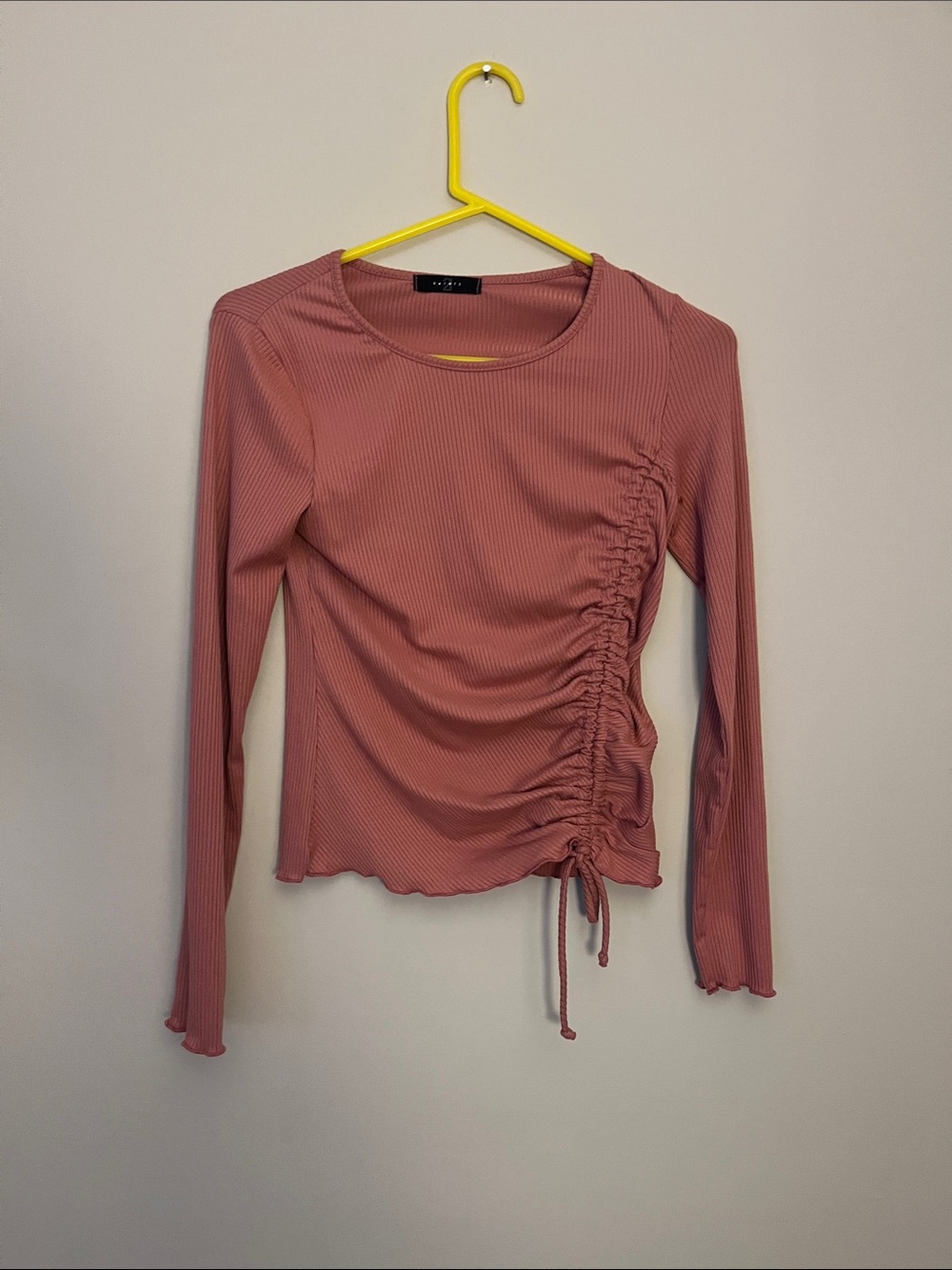 Ruched Side Ribbed Long-Sleeve Top - Pink